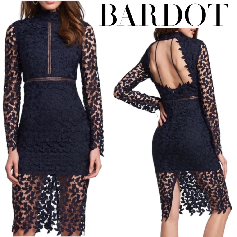 NWT✨ BARDOT Lace Sheath Dress Navy Blue Floral  Ladder Embroidery Long sleeves 6